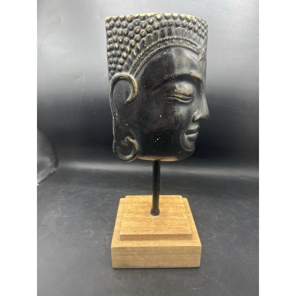 Cast Metal Buddha Head Sculpture on Wood Base Zen Meditation Decor 11” Tall
